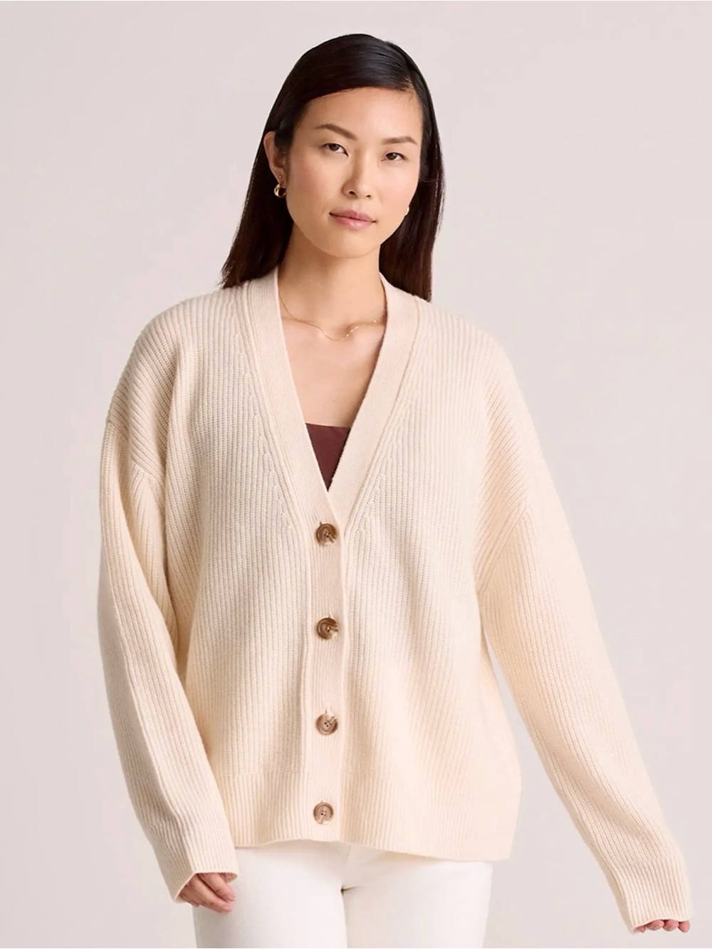 Quince 100% Mongolian Cashmere Fisherman Boxy Cropped Cardigan in Ivory, size XS